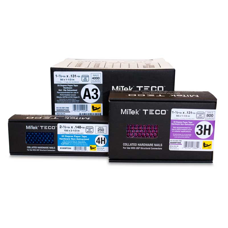 MiTek® TECO™ Collated 33° Hardware Nails come in packs of 250, 800 bulk packs